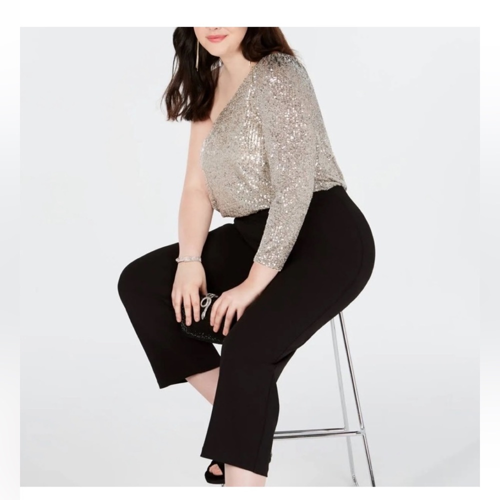 NWT Adrianna Papell Silver‎ Sequin Black One Shoulder Jumpsuit Plus Size 22W